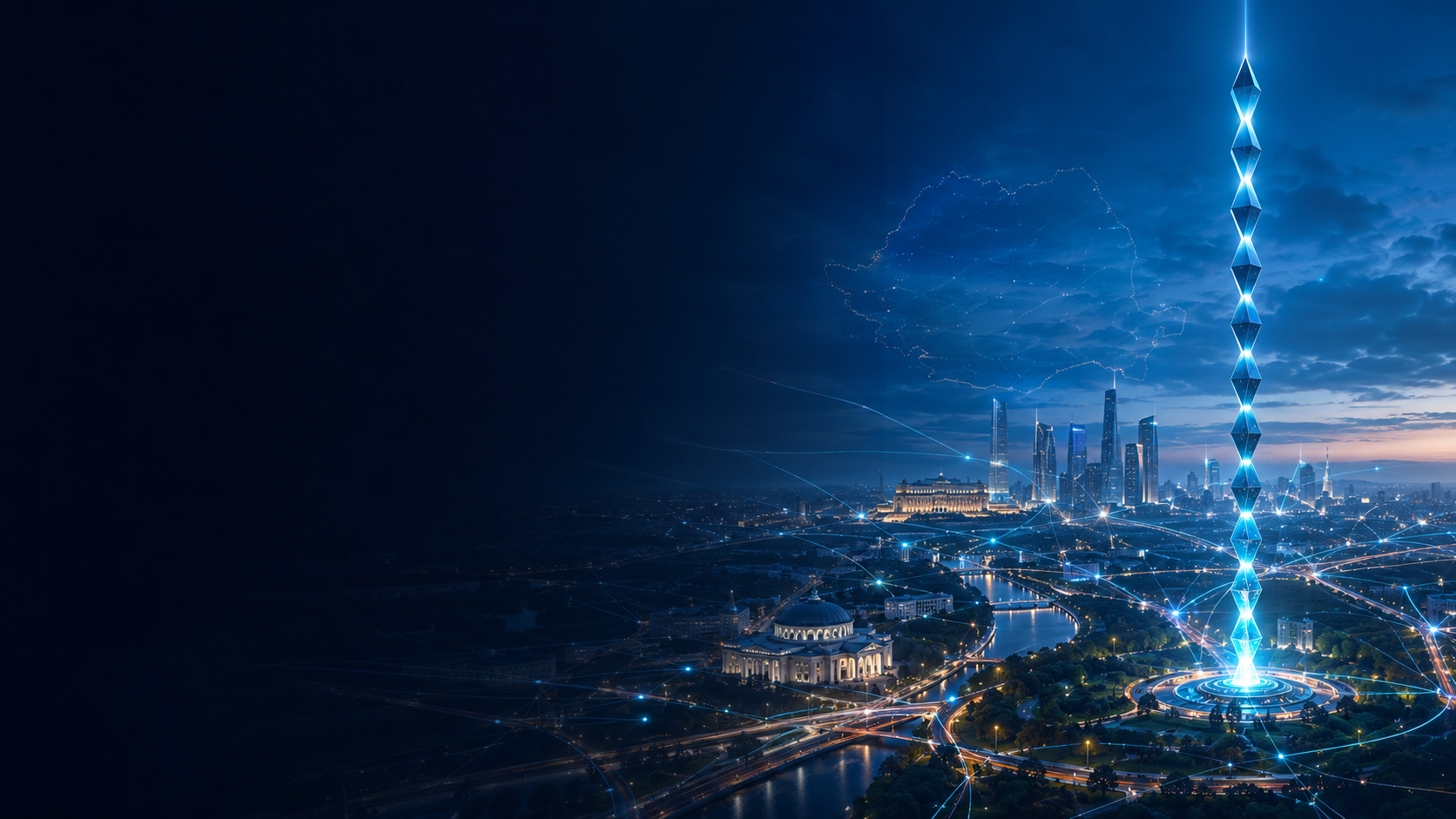 Bucureștiul viitorului, conectat printr-o rețea AI, cu o Coloană a Infinitului luminoasă