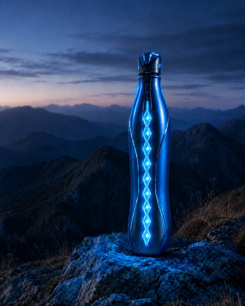 Sticlă SF slim albastră pe un vârf de munte, cu o Coloană luminoasă