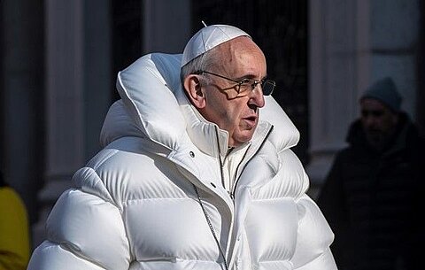 Imagine generată cu AI, Papa Francisc într-o geacă albă, nu fotografie autentică